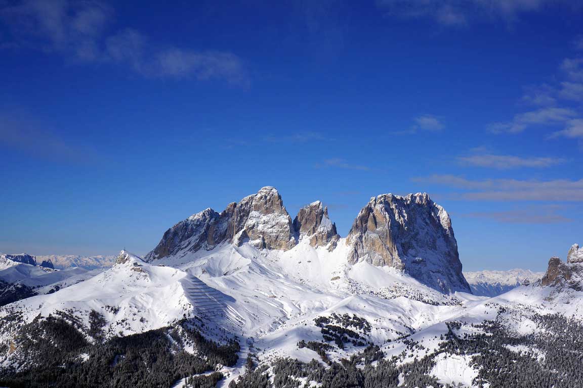Sella Ronda: View from Belvedere towards Sassolungo and Passo Sella
